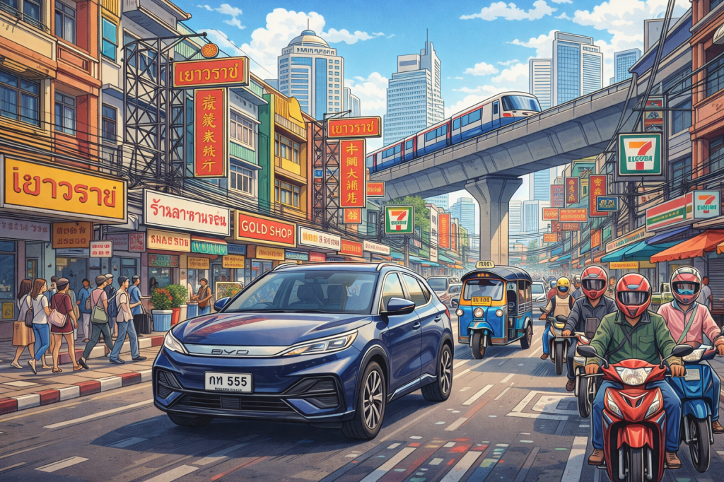 Busy city street with cars, motorcycles, tuk-tuk, pedestrians, and elevated train