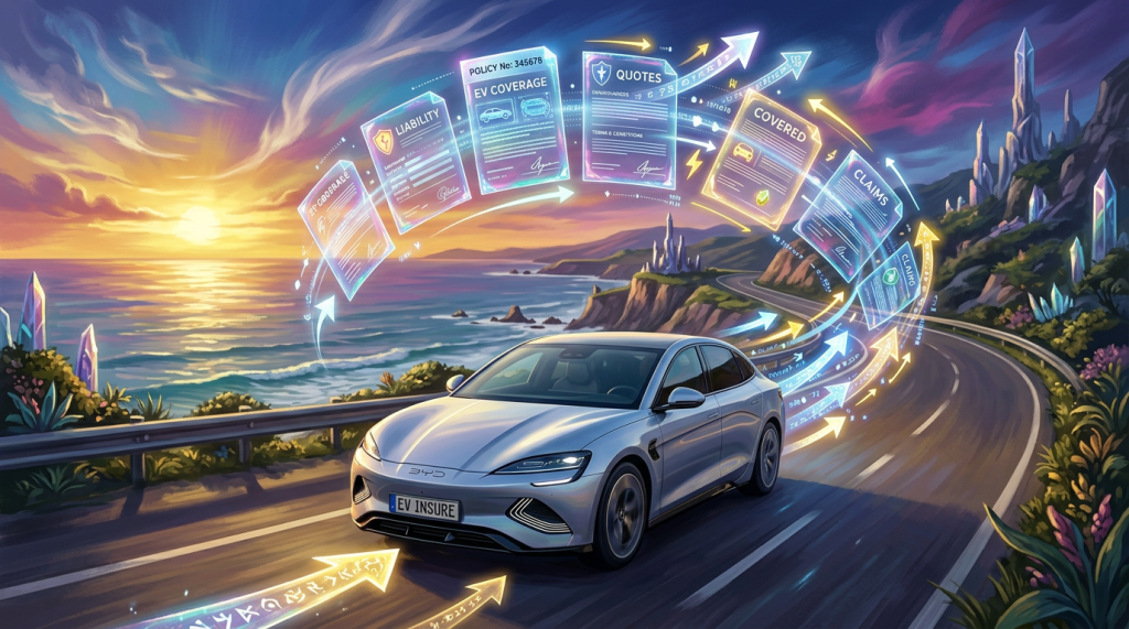 Silver electric sedan driving on coastal highway with digital electric vehicle insurance icons floating above