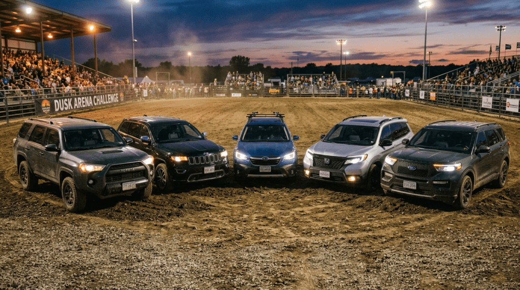Five SUVs parked side by side on a dirt arena at dusk with a crowd in bleachers