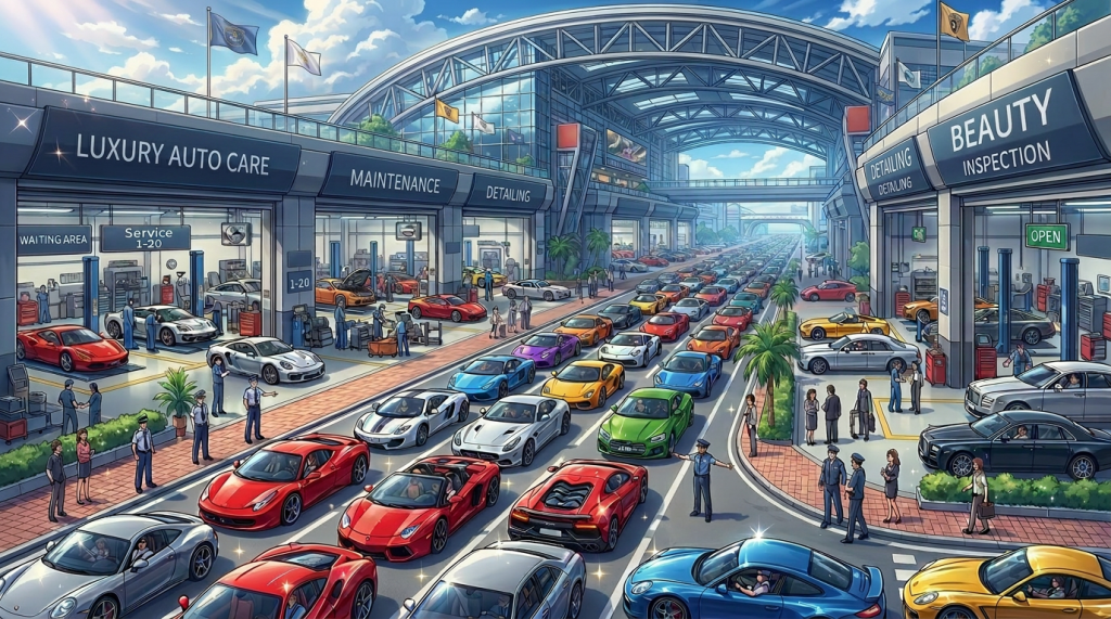 Luxury sports cars lined up outside a large auto care center with maintenance, detailing, and inspection bays
